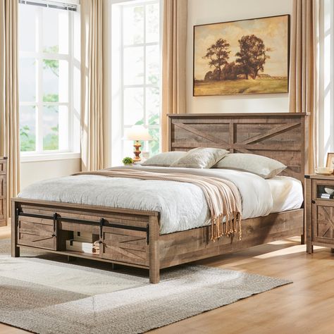 PRICES MAY VARY. Farmhouse King Platform Bed Frame: Designed with Barn Doors both the headboard and footboard, clean lines and silhouettes, this King Bed Frame combines modern and rustic styles. suitable for modern farmhouse decor. It will be the most attention-grabbing piece of furniture in the bedroom Sliding Barn Door Storage Cabinets: The king bed frame with storage at the footboard can store sheets, blankets or some regular reads. Sliding barn door space-saving design, Exposed delicate meta Rustic Wood Bedroom Decor, Barn Door Bed Frame, Rustic King Size Bed Frame, Large Master Bedrooms Decor Farmhouse, Rustic Bed Frame Ideas, Queen Bed Frame Wood, Modern Farmhouse Master Bed, Modern Farmhouse Bed Frame, Western Bed Frame