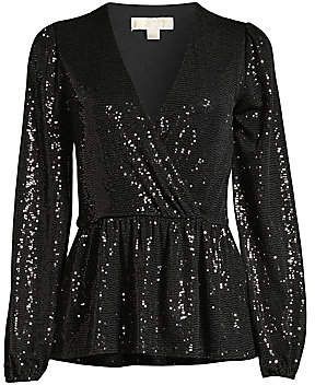 MICHAEL Michael Kors Women's Mirror Dot Sequin Faux-Wrap Top Blouse Soiree Outfit, Korean Girl Fashion Dress, Sequin Peplum Top, Soiree Outfit, Women Chiffon Blouse, Soiree Dress, Striped Dress Summer, فستان سهرة, Stylish Dress Designs