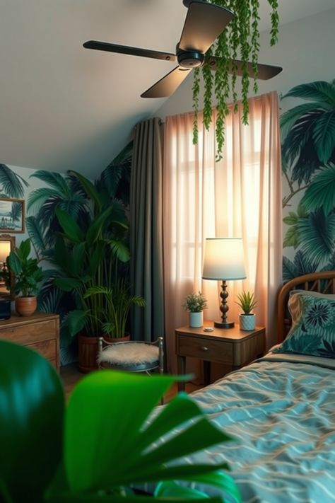 Leaf Themed Bedroom, Jungle Green Bedroom, Forest Kids Bedroom, Jungle Bedroom Ideas, Jungle Bedroom Theme, Jungle Themed Bedroom, Cozy Hammock, Colorful Table Lamp, Forest Bedroom