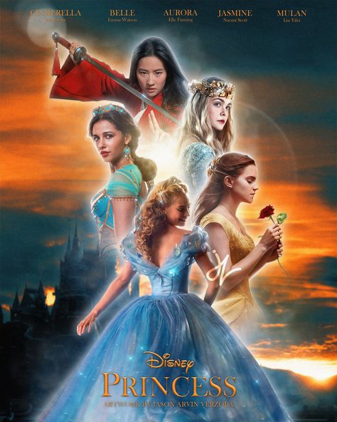 Disney’s Live-Action Princesses. Lily James as Cinderella Emma Watson as Belle ( Beauty and the Beast ) Naomi Scott as Jasmine ( Aladdin ) Elle Fanning as Aurora ( Maleficent ) Liu Yifei as Mulan Artwork by Jason Arvin Verzola #ArtworkByJV #disneyprincess #disney #Cinderella #Belle #BeautyandtheBeast #Jasmine #Aladdin #Aurora #Maleficent #Mulan #Photoshop #PhotoManipulation #Poster Magic Library, Aladdin Live, Grand Prince, Princesas Disney Anime, Disney Live Action Movies, Image Princesse Disney, Disney Live, Princess Movies, Prințese Disney