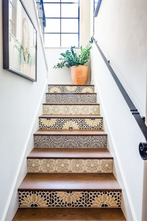 Modern Mexican Home, Stair Riser Vinyl, Vinyl Stairs, Spanish Interior, Spanish Revival Home, Spanish Home Decor, Spanish Modern, Stair Stickers, Stair Riser