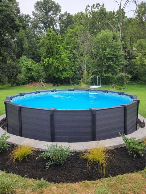 Intex Above-Ground Pool Landscaping Makeover (Pool Landscaping With Retaining Wall) — Peony Street Intex Pool Ideas, Above Ground Pool Designs, Decks For Above Ground Pools, Small Pool Deck, Diy Above Ground Pool Landscaping, Above Ground Pool Lights, Landscaping Makeover, Intex Above Ground Pools, Pool Landscaping Ideas