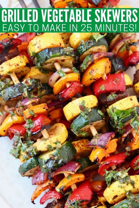 Grilled Vegetable Skewers are the perfect vegetarian meal, or a delicious side dish to pair with steak, fish or chicken! These skewers are colorful, easy to make and so delicious! Grilled Veggie Kabobs, Greek Vegetables, Grilled Vegetable Skewers, Roasted Veggies In Oven, Vegetable Kebabs, Veggie Kabobs, Vegetable Skewers, Veggie Skewers, Healthy Vegetarian Dinner