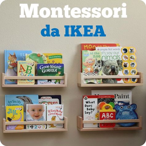 montessori-IKEA Spice Rack Bookshelves, Camera Montessori, Ikea Classroom, Montessori Bedroom, Nursery Bookshelf, Montessori Room, Ikea Bedroom, Nursery Shelves, Montessori Ideas