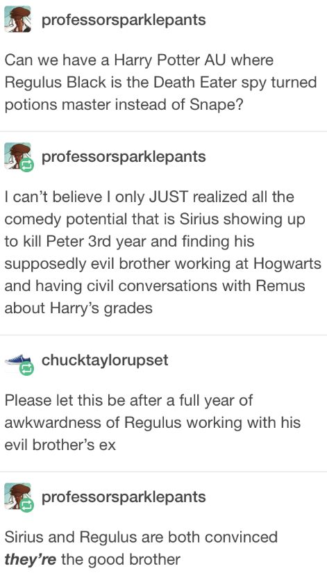 AU where Regulus survived and became the potions teacher instead of Snape Snape X Remus, Drarry Fics Ao3, Wolfstar Fanfiction Ao3, Fanfiction Net, Black Brothers, Desenhos Harry Potter, Harry Potter Comics, Harry Potter Tumblr, Harry Potter Headcannons