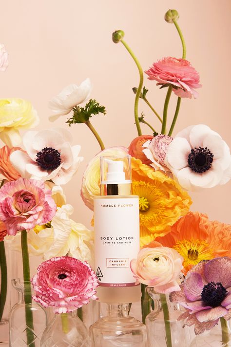 Self-Care With A Hint Of Luxury: Humble Flower | Dieline - Design, Branding & Packaging Inspiration Floral Styling Photography, Product Photography Flowers, Product Photography With Flowers, Floral Product Photography, Flower Product Photography, Spring Product Photography, Flower Advertising, Flower Cosmetics, Flower Skincare