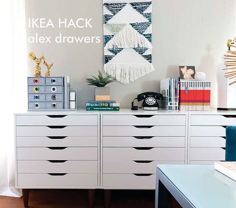 DIY IKEA Alex drawer units placed on legs Alex Drawers, Ikea Alex Drawers, Mini Apartments, Alex Drawer, Dallas Interior Design, Fabric Tiles, Hacks Ikea, Ikea Alex, Ikea Hackers