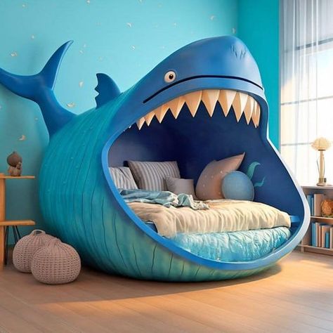 A multifunctional kids' room with a bunk bed, study area, and play zone. Octopus Bedding, Pirate Ship Bed, Cabin Beds For Kids, Shark Shirts, Cabin Beds, Beds For Kids, Unusual Furniture, Kids Room Interior Design, Shark Gifts