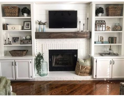 Built Ins Around Fireplace, Brick Fireplace Remodel, Mantel Beam, Built In Around Fireplace, Farmhouse Fireplace Decor, Fireplace Bookshelves, Floating Mantel, Built In Shelves Living Room, Living Room Mantel