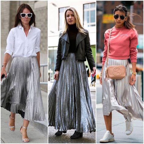 Silver Pleated Midi Skirt Outfit, Metallic Skirt Street Style, Pleated Maxi Skirt Street Style, Gonna Argento Outfit, Metallic Midi Skirt Outfit, Metalic Skirts Silver Outfit, Silver Midi Skirt Outfit, Silver Pleated Skirt Outfit, Metallic Pleated Skirt Outfits