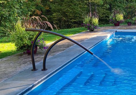 Coolest Modern 3 Bend Pool Handrail Ideas, Handrail Ideas, Pool Handrail, Diving Boards, Backyard Pools, Water Cooling, Small Backyard Pools, Water Flow, Small Backyard