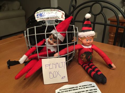 Elf on a shelf idea for Blackhawks fans. Hockey elf on a shelf Elf On The Shelf New Ornament, St Nick Elf On The Shelf, Elf Hockey Ideas, Hockey Elf On The Shelf Ideas, Elf On The Shelf Hockey Ideas, Elf On The Shelf Hockey, Elf On The Shelf Football Ideas, Craft Ideas Christmas, Ice Ideas