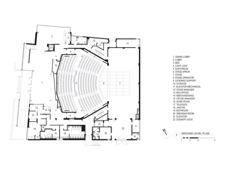 Image 21 of 24 from gallery of Topfer Theatre at ZACH / Andersson Wise Architects. Ground Floor Plan Theatre Plan, Auditorium Plan, Theater Plan, Auditorium Architecture, Theatre Hall, Modern Theatre, Auditorium Design, Theatre Building, Culture Center