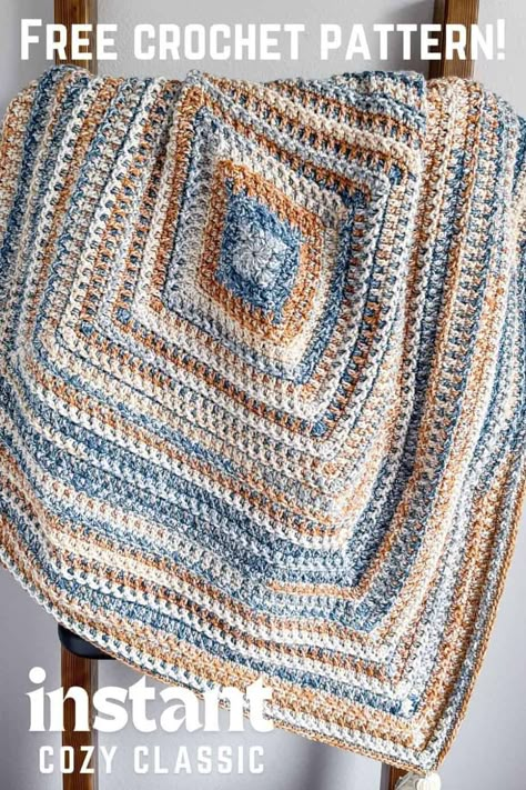 The Coastal Haven Throw is a free crochet blanket pattern by Nana's Crafty Home! This center-out square blanket is worked in the round with an easy to memorize, beginner friendly stitch repeat. With lovely and uniquely woven texture providing a different look. Made with self-striping yarn for easy color changes. This square blanket would make the perfect baby blanket or as a lovely and cozy throw for the couch! Crochet Square In The Round, Crochet Blanket In Rounds, Crochet Blanket Patterns In The Round, Crochet Squares Afghan Blanket Patterns, Crochet Patterns For Self Striping Yarn, Bulky Crochet Blanket Pattern Free, Crochet Blanket In The Round Pattern, Square Crochet Blanket Pattern Free, In The Round Crochet Blanket