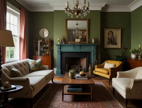 Living Room Designs Low Ceiling, Olive Green Wall Living Room, Warm Color Living Room, Eclectic Traditional Living Room, Traditional Eclectic Living Room, Vintage Eclectic Living Room, Eclectic Living Room Ideas, Warm Living Room Colors, Green Walls Living Room