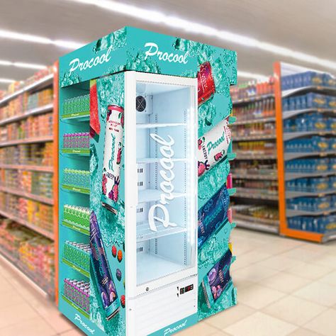 Hide away for fridge Fridge Display Retail Store Design, Juice Fridge, End Cap Display, Fridge Display, Freezer Ideas, Commercial Fridge, Cool Retail, Display Fridge, Yogurt Brands