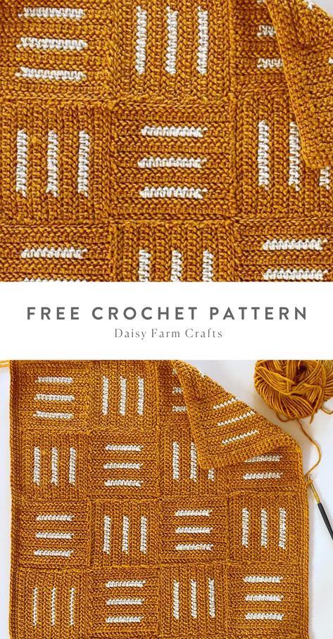 Free Pattern - Crochet Modern Hatch Lines Blanket Squares Crochet Blanket Minimalist, Crochet Quilt Pattern Squares, Crochet Blanket With Squares, Mcm Crochet Blanket, Contemporary Crochet Blanket, Mid Century Crochet Blanket, Crochet Blanket Patterns Modern, Mid Century Modern Crochet Blankets, Trendy Crochet Blanket