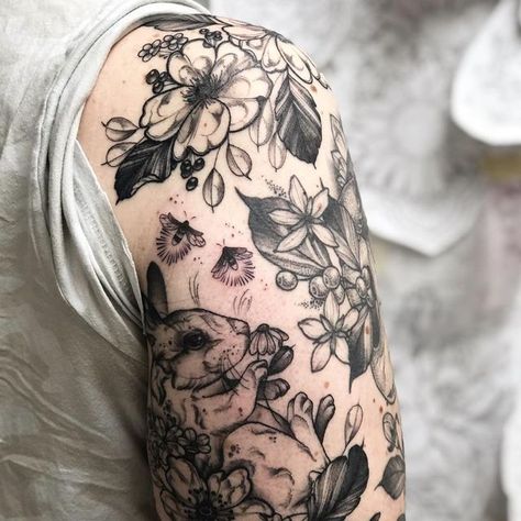 Tattoos To Fill In Gaps, I Spy Tattoo, Fill In Sleeve Tattoo Spaces, Woodland Creatures Tattoo Sleeve, Whole Body Tattoo, Woodland Arm Tattoo, Woodsy Tattoos, Woodland Floral Tattoo, Floral And Bug Sleeve Tattoo