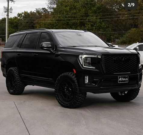 Chevy Tahoe Blacked Out, Black Suv Mom Aesthetic, Lifted Yukon Denali, Blacked Out Yukon, 2024 Chevy Tahoe, Blacked Out Suv, Yukon Denali Lifted, Gmc Denali Suv, Mom Vehicles