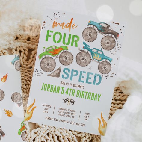 Monster Truck Boy Made Four Speed 4th Birthday Invitation - tap/click to get yours right now! #Invitation #monster #bash, #bash #party, #birthday, Monster Truck 4th Birthday, Monster Truck Theme Birthday Party, Boy 4th Birthday, 4th Birthday Party For Boys, 4th Birthday Boy, Birthday Monster Truck, 4th Birthday Invitation, Cheap Birthday Party, 4th Birthday Boys