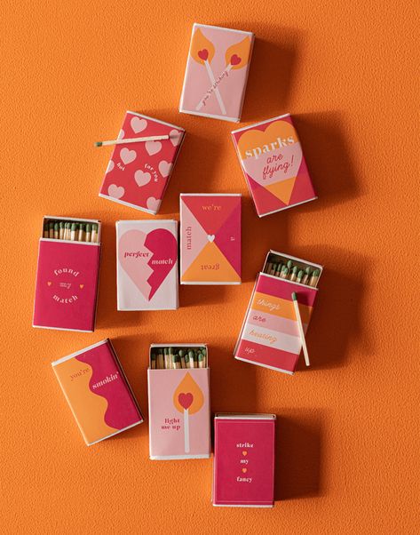 DIY Custom Match Box Valentines | Valentine’s Day Crafts for Adults | Punny Valentines | Free Printable | Valentine Printable | Holiday Craft Projects | Galentines Gifts Match Box Packaging, Matches Collection, Diy Matchbook, Dandelion Ideas, Match Box Design, Valentines Packaging, Matchbox Gifts, Matchbox Diy, Valentine Packaging