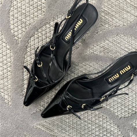 MIUMIU Patent leather slingbacks with buckles Strong Personality, Miu Miu Shoes, Slingbacks, Rubber Heels, Metal Buckles, Miu Miu, Patent Leather, Heeled Boots, Classic Style