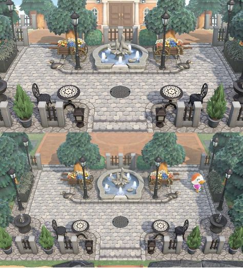 Acne Town Square, Acnh City Core Entrance Ideas, Animal Crossing Main Street, Acnh Entrance Designs City, Animal Crossing Town Square, Acnh Small Entrance Designs, Acnh City Core, Acnh Town Square Ideas, Animal Crossing Island Ideas Plaza