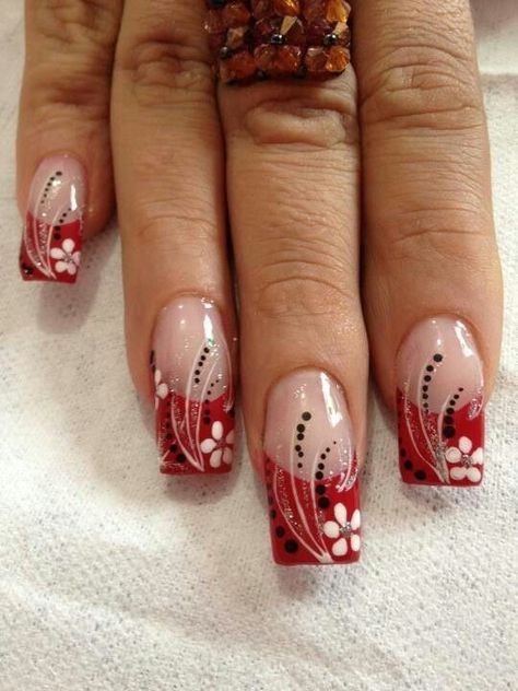 Flower 2000s Nails, 2000s Nails Acrylic Red, 2000 Flower Nails, Red 2000s Nails, 2000s Flower Nails, Red Nail Designs Fall, 2000s Inspired Nails, Chola Nails Acrylic, 2000s Nail Art