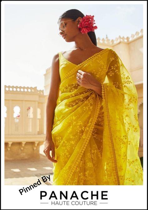 This outfit is from Sabyasachi's 2019 Summer Collection and made in organza silk in acid yellow colour with same tone thread embroidery.  To customisation please contact our sales team through WhatsApp +61470219564 Sabyasachi Sarees Price, Desi Couture, Sabyasachi Sarees, Sari Design, Ritu Kumar, Desi Wear, Yellow Saree, Party Kleidung, Sari Blouse