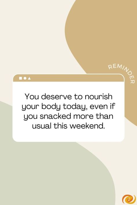 There is a notification box in the middle of the graphic. Curved text to the right of the box reads: "Reminder." Text inside the box reads: "You deserve to nourish your body today, even if you snacked more than usual this weekend." A large tan blob and a large sage green blob sit at opposite corners of the graphic. You Deserve To Eat Today Quotes, Food Guilt Quote, You Deserve To Eat Today, Guilt Quotes, Food Guilt, Need Quotes, Post Insta, Poetic Words, A Gentle Reminder