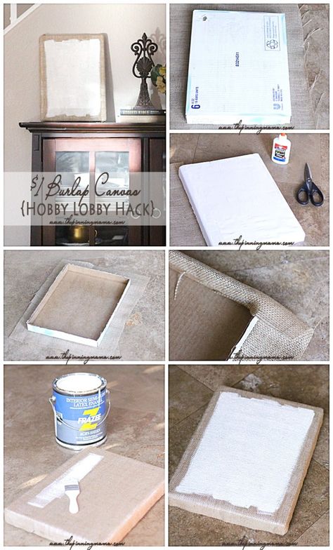 DIY $1 Burlap Canvas {Hobby Lobby  Idea para agregar algun gráfico... Interesante Burlap Canvas Ideas, Burlap Canvas Art, Diy Hobby Lobby, Hobby Lobby Hacks, Canvas Stretching, The Pinning Mama, Burlap Canvas, Hobby Lobby Christmas, Burlap Projects