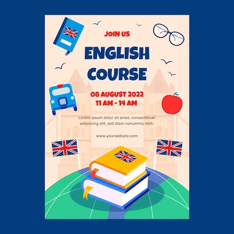 English Day Poster, English Posters Design, English Course Poster Design, Educational Advertisement, School Club Poster, Retreat Flyer, English Classes For Kids, Study Poster, English Poster