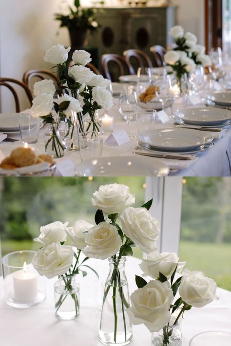 Simple White Flower Table Decor, Wedding Day Necklaces, Flowers For Wedding Tables Elegant, Flowers On Wedding Table, White Roses On Table, Modern Bride Bouquet Simple, Basic Floral Arrangements, White Rose Reception Decor, White Table Arrangements Wedding