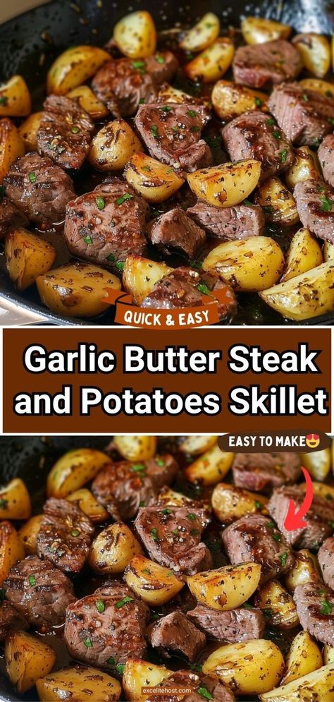 If you are looking for a new, special, and tasty recipe for your dinner then you will love the garlic steak butter and potatoes skillet. It is perfect for date nights, romantic evenings, family dinners... Easy Dinner Recipes With Steak Meat, Beef Tips And Potatoes Skillet, Dinner With Stuff At Home, Dinners For A Family Of 6, Garlic Steak And Potatoes Skillet, Garlic Stake And Potatoes, Steak And Potatoes Skillet Recipes, Steak Medallions With Potatoes, Steak And Potato Dinner