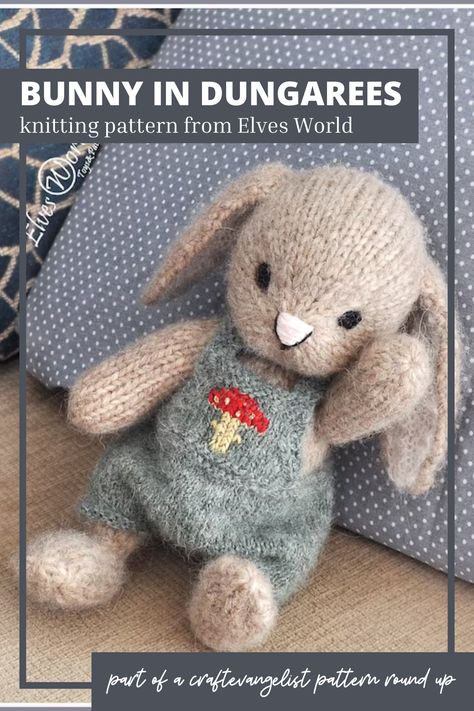 This adorable knit bunny pattern from Elves World is the perfect pattern to knit up for a baby shower gift! With instructions for the delightful dungarees as well as a cute little beret, this sweet little bunny will make a cherished handmade gift! Find the link to this pattern and more great #KnitAndCrochetBabyPatterns in the #PatternRoundUp by #CraftEvangelist #Yarn #Crafts #AmigurumiPattern #KnitBunnyPattern #BabyKnittingPatterns Baby Bunny Toy, Casting Off Knitting, Knit Coaster, Bunny Knitting Pattern, Elf Toy, Fair Isles, Bunny Outfit, Knitted Animals, How To Purl Knit