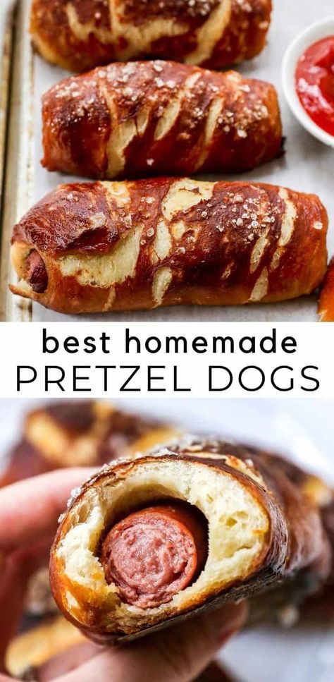 Pretzel Hot Dog Buns, Homemade Pretzel Dogs, Pretzel Dogs Recipe, Almond Joy Bites, Hot Dog Buns Recipe, Homemade Pretzel, Pretzel Dogs, Pretzel Dough, Hot Dogs Recipes