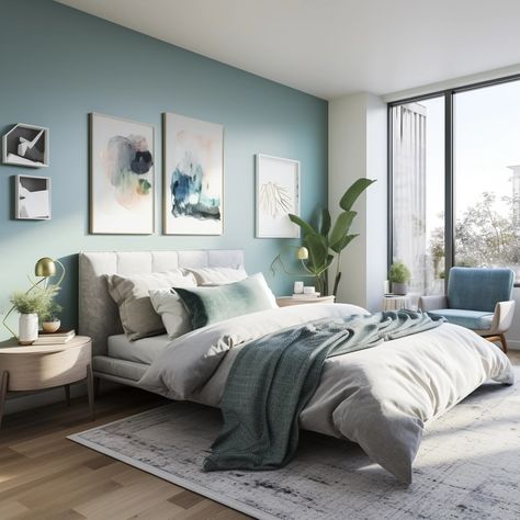 What Accent Colors Go with Light Blue Walls? - The Paint Color Project Bedroom With Teal Accents, Teal Accent Wall Bedroom, Light Teal Bedroom, Teal Blue Bedroom, Light Teal Paint, Romantic Bedroom Decor Ideas, Teal Paint Colors, Bedroom Teal, Light Blue Bedroom