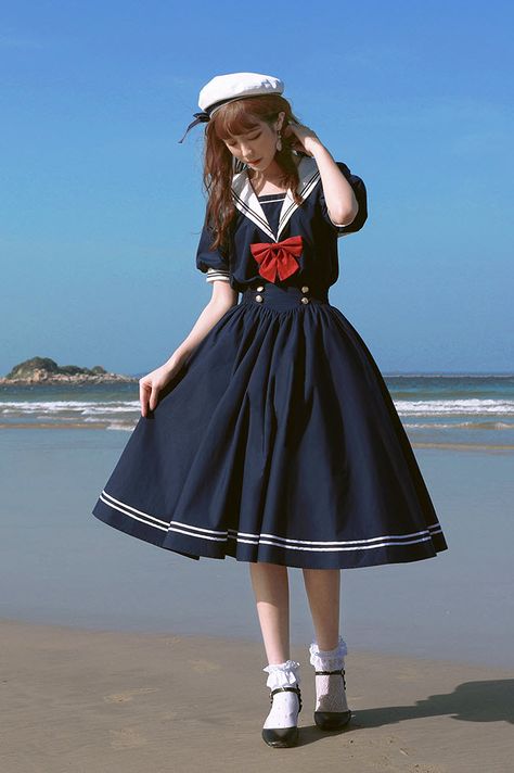 Sailor Outfit, Op Dress, Shirt Dress Summer, Japanese Dress, Sailor Dress, Kawaii Fashion Outfits, Sailor Collar, فستان سهرة, College Style