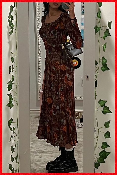 Aesthetic Long Dress Outfit, Conservative Fashion Aesthetic, Thrifted Floral Dress, Floral Dress Aesthetic Outfit, Dress Docs Outfit, Aesthetic Long Sleeve Dress, Concert Fits Modest, Summer Maxi Dress Aesthetic, Floral Vintage Dress Aesthetic