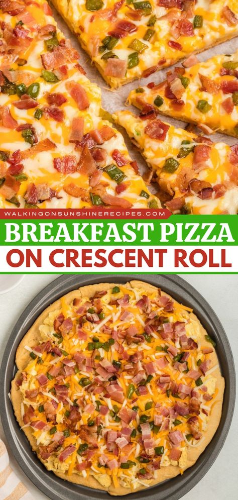 This Breakfast Pizza on Crescent Roll is a simple holiday baking recipe topped with eggs, crumbled bacon, diced peppers, and cheeses. It also makes the best brunch idea! Crescent Pizza Dough Recipes, Croissant Pizza Crust, Easy Breakfast Pizza Crescent Rolls, Keto Breakfast Pizza Recipe, Recipes With Pie Crust Pillsbury, Pillsbury Pizza Crust Recipes Breakfast, Pillsbury Croissant Breakfast Ideas, Easy Quick Breakfast Ideas For Kids, Egg Crescent Roll Recipes