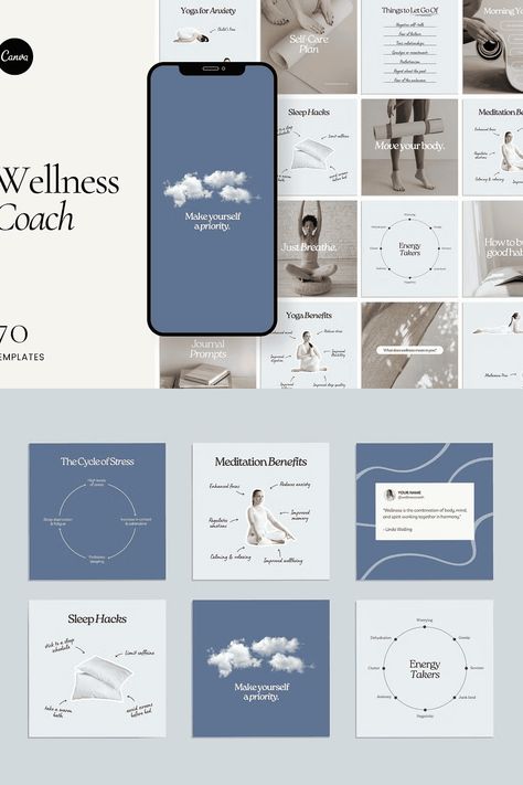 Create a wellness sanctuary on Instagram with this template pack, specifically designed for wellness, health, and fitness coaches. Our 70 Canva templates, available in three different sizes, will empower you to craft beautiful, on-brand content whether you're sharing motivational quotes or insightful health and nutrition tips.    .#CanvaTemplates #SocialMediaDesign #InstagramIdeas #PinterestTemplates #CreativeCanva Social Media Manager Checklist, Podcast Website, Free Social Media Templates, Realtor Social Media, Instagram Tools, Types Of Social Media, Coach Instagram, Media Kit Template, Social Post