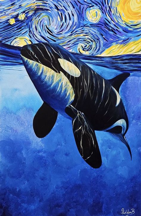 Orca Artwork, Starry Night Art, Underwater Painting, Butterfly Art Painting, Dragon Artwork Fantasy, Visual Poetry, Dragon Artwork, Night Painting, Ocean Painting