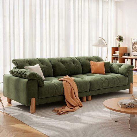 94.5" Modern Green Corduroy Upholstered Sofa Loveseat Couch Sofa with Solid Legs 3 Seat Sofa for Living Room Tall Sofa, Green Sofas, Toronto Apartment, Corduroy Sofa, Couch And Loveseat, Sofa Loveseat, Green Corduroy, Wood Sofa, Sofa Upholstery