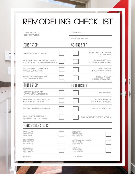 FREE Remodeling Checkllist & Remodeling Guide from an actual Remodeling Professional! Home Remodel Planner, Order Of Remodeling House, Bathroom Remodel Checklist, Remodel Budget Worksheet, Home Renovation Checklist, Construction Checklist, Home Remodel Checklist, Renovation Checklist, Remodeling Checklist