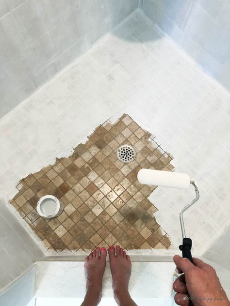 How To Paint Tile Shower Walls, White Painted Bathroom Tile, How To Paint Ceramic Tile Bathroom Walls, Tile Refinishing Bathroom, Painting Small Bathroom Tiles, Painting Shower Floor Tile, How To Paint Bathroom Shower Tile, Painting Bathroom Shower Tile, Painted Tile Shower Wall