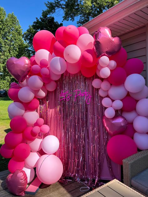 Pink Birthday Balloon Arch, Hot Pink Theme Party, Hot Pink Theme Birthday Party, Pink Party Decorations Aesthetic, Barbie Pink Birthday Party, Pink Balloons Arch, 13 Shades Of Pink Party Ideas, Pink Themed 21st Birthday, All Pink Party Decoration