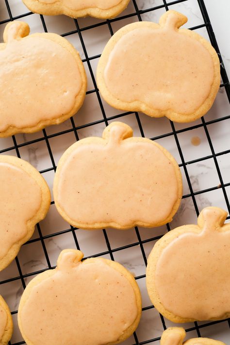 These Pumpkin Spice Sugar Cookies are the perfect fall cookie! Loaded with flavor and spices, the maple frosting puts them over the top! Pumpkin Spice Sugar Cookies Recipe, Pumpkin Spice Sugar Cookies, Spice Frosting, Spice Sugar Cookies, Holiday Entertaining Food, Pumpkin Sugar Cookies, Pumpkin Spice Cookies, Pumpkin Spice Syrup, Cutout Sugar Cookies