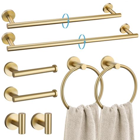 PRICES MAY VARY. 【Perfect Towel Bar Set】-Includes 23.6" towel bar and 20 Inch towel bar,2 towel ring,2 toilet paper holder and 2PCS Robe Hook. Has everything you need for your bathroom. 【Material】-The bathroom towel bar set constructed from SUS304(18/8) stainless steel which prevents rust and corrosion in your bathroom for long lasting durability. 【Warm Tip】-With a new coating technology, the golden appearance will have different color changes under different lights. So, please select the approp Brush Gold Bathroom Fixtures, Brushed Gold Bathroom Fixtures, Gold Hardware Bathroom, Barbie Apartment, Gold Bathroom Fixtures, Round Bathroom, Bathroom Hardware Set, Bathroom Towel Bar, Gold Bathroom