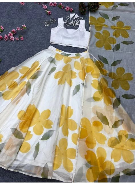 #lehenga choli #yellow #india #girls #women Indian Skirt And Top, Lehenga Top, Haldi Dress, Haldi Outfits, Stylish Kurtis Design, Haldi Outfit, Indian Skirt, Organza Lehenga, Lehenga Designs Simple