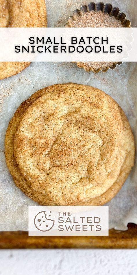 These small batch snickerdoodles gives you 4 chewy cookies, coated in cinnamon and sugar. They're perfect when you're craving a little something sweet! Single Serving Snickerdoodle Cookie, Small Batch Snickerdoodles, Baking Recipes No Milk, Single Serve Snickerdoodle Cookie, Beginner Baking Recipes Desserts, Small Batch Snickerdoodle Cookies, Small Batch Of Sugar Cookies, Snickerdoodle Cookies Small Batch, Small Batch Bar Cookies